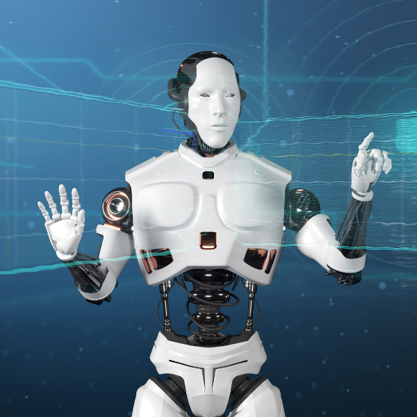 A white humanoid robot interacting with a digital interface with glowing blue lines and shapes, representing artificial intelligence technology in the UK.