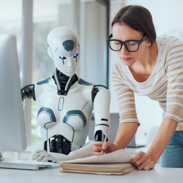 A woman working alongside a humanoid robot on a computer in a UK office setting, focusing on artificial intelligence.