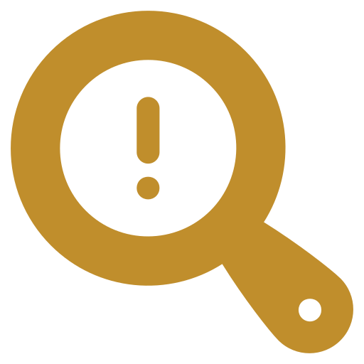 A stylised icon representing bias detection and fairness audits, featuring a magnifying glass over an exclamation mark, relevant to AI ethics in the UK.