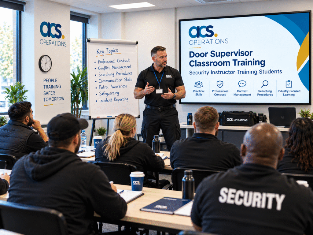 Security instructor teaching adult learners in a professional training classroom